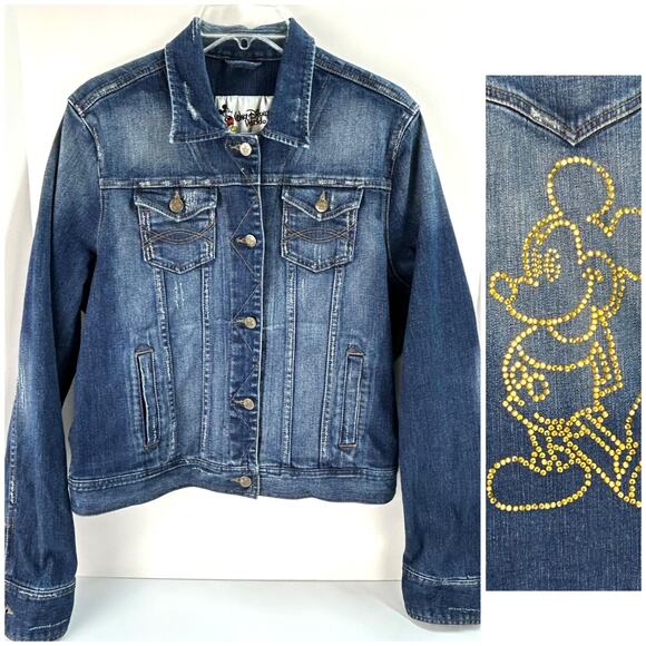 Disney World Denim Jacket Womens Large 50th Anniv Rhinestone Mickey Mouse Back - Picture 1 of 16